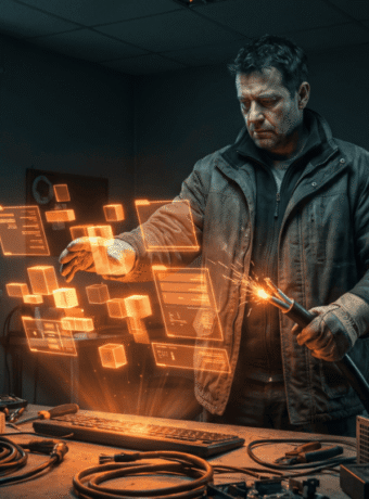 Technician working on advanced electronic equipment in a dimly lit lab.