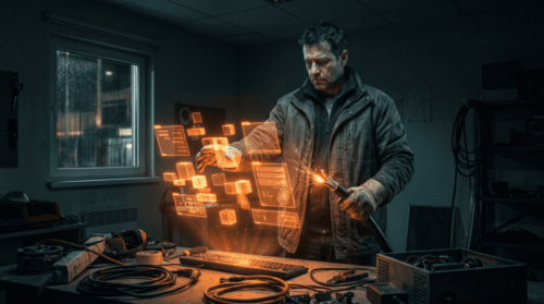 Technician working on advanced electronic equipment in a dimly lit lab.