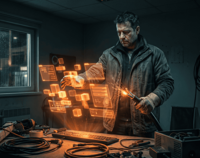 Technician working on advanced electronic equipment in a dimly lit lab.