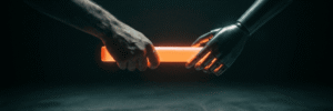 Human hand and robotic hand holding a glowing orange light stick.