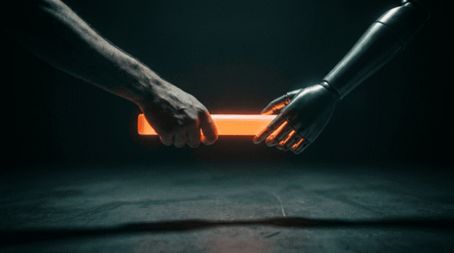 Human hand and robotic hand holding a glowing orange light stick.