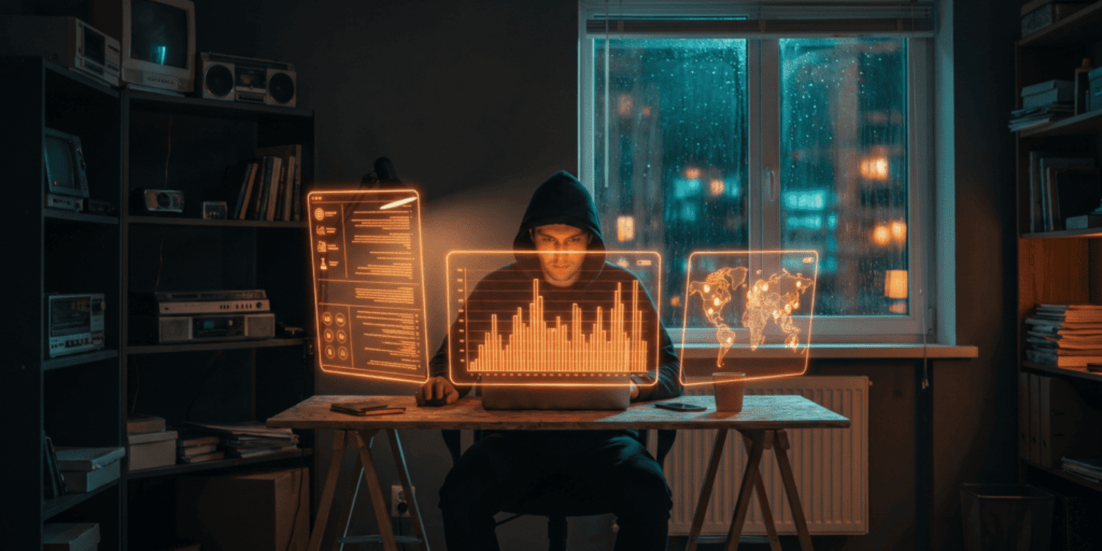 Person working on AI and data analysis at night with multiple digital screens.
