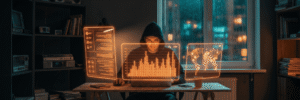 Person working on AI and data analysis at night with multiple digital screens.