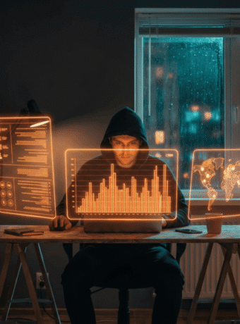 Person working on AI and data analysis at night with multiple digital screens.