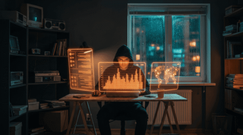 Person working on AI and data analysis at night with multiple digital screens.