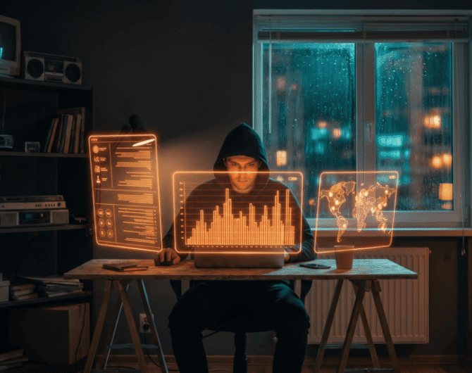 Person working on AI and data analysis at night with multiple digital screens.