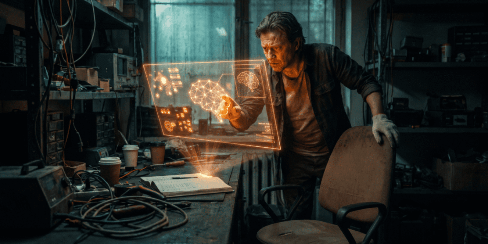 Man interacting with holographic AI interface in a tech lab.