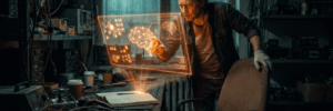 Man interacting with holographic AI interface in a tech lab.