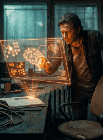 Man interacting with holographic AI interface in a tech lab.