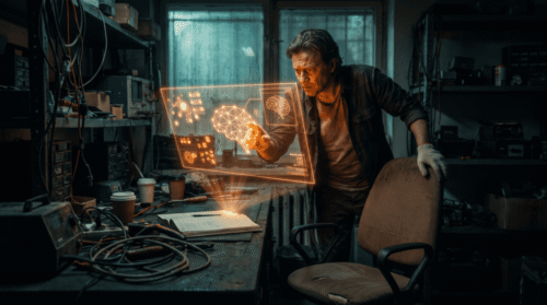Man interacting with holographic AI interface in a tech lab.