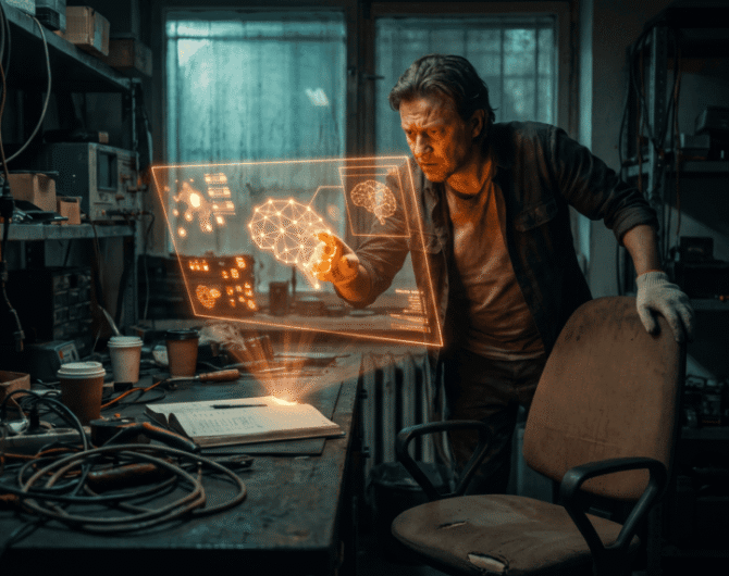Man interacting with holographic AI interface in a tech lab.