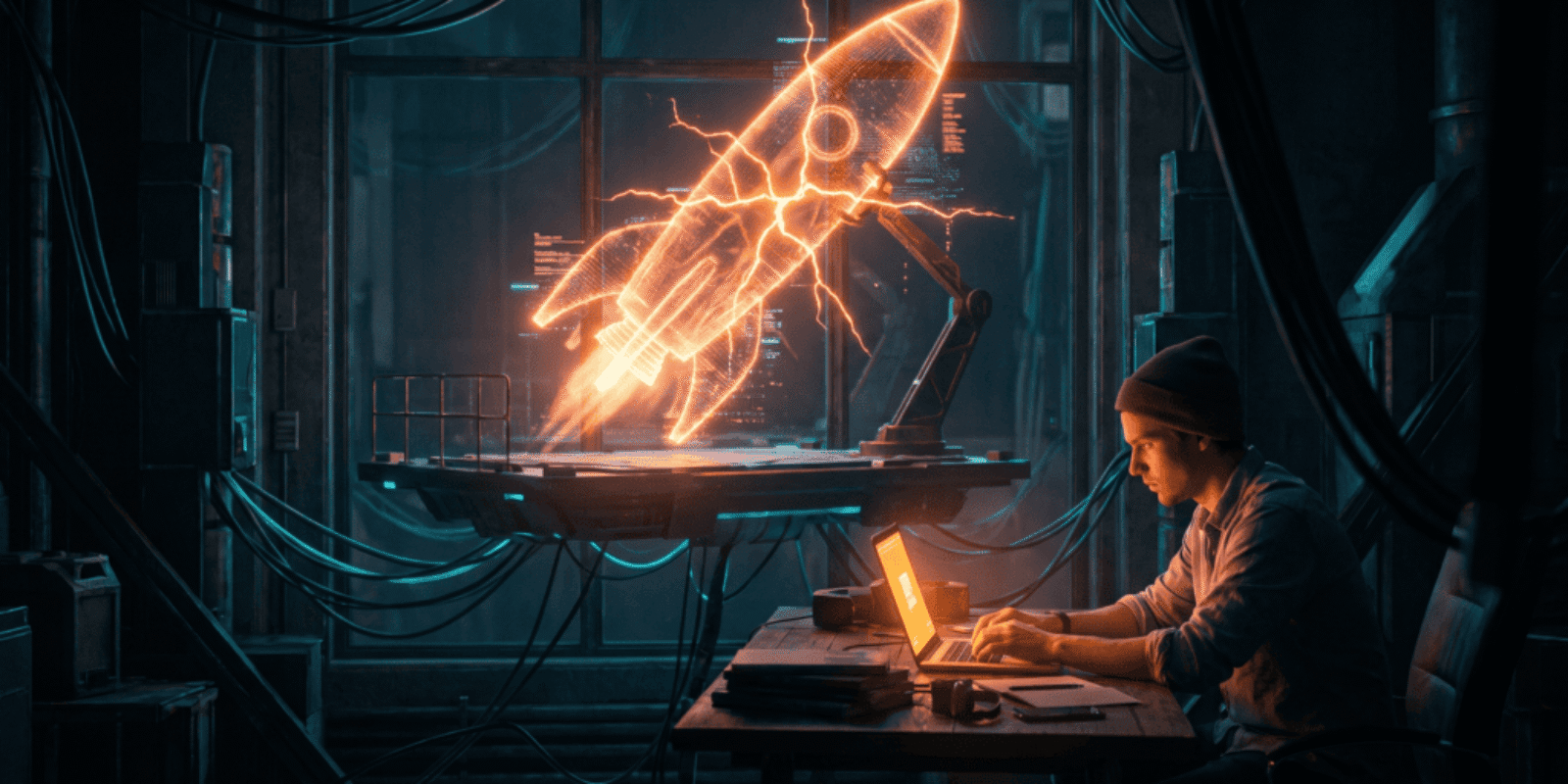 Futuristic scene of a person working on a laptop with a rocket launch hologram.