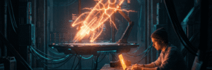Futuristic scene of a person working on a laptop with a rocket launch hologram.
