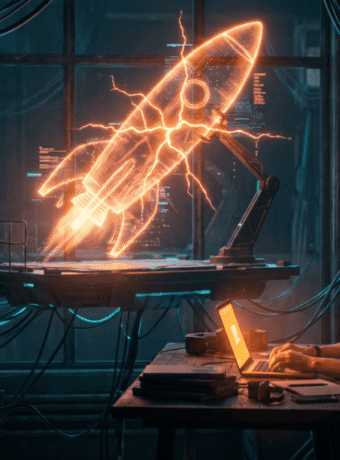 Futuristic scene of a person working on a laptop with a rocket launch hologram.