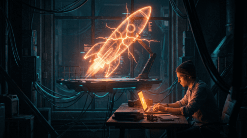 Futuristic scene of a person working on a laptop with a rocket launch hologram.