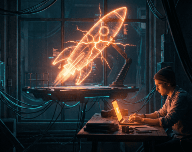 Futuristic scene of a person working on a laptop with a rocket launch hologram.