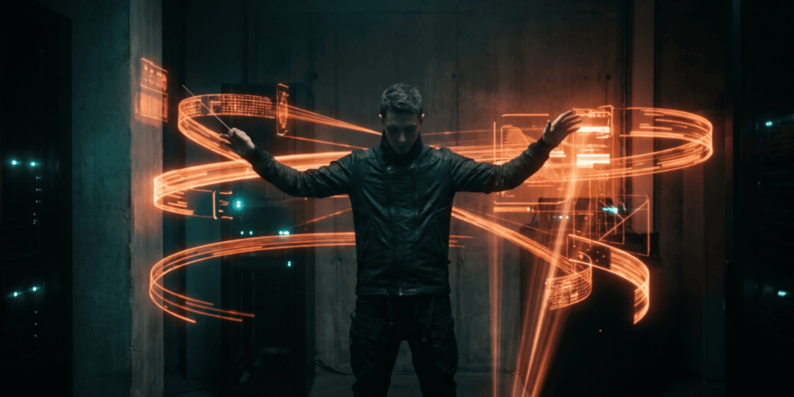 Futuristic man with glowing orange light trails in a dark room.