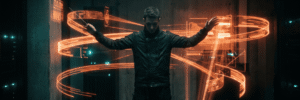 Futuristic man with glowing orange light trails in a dark room.