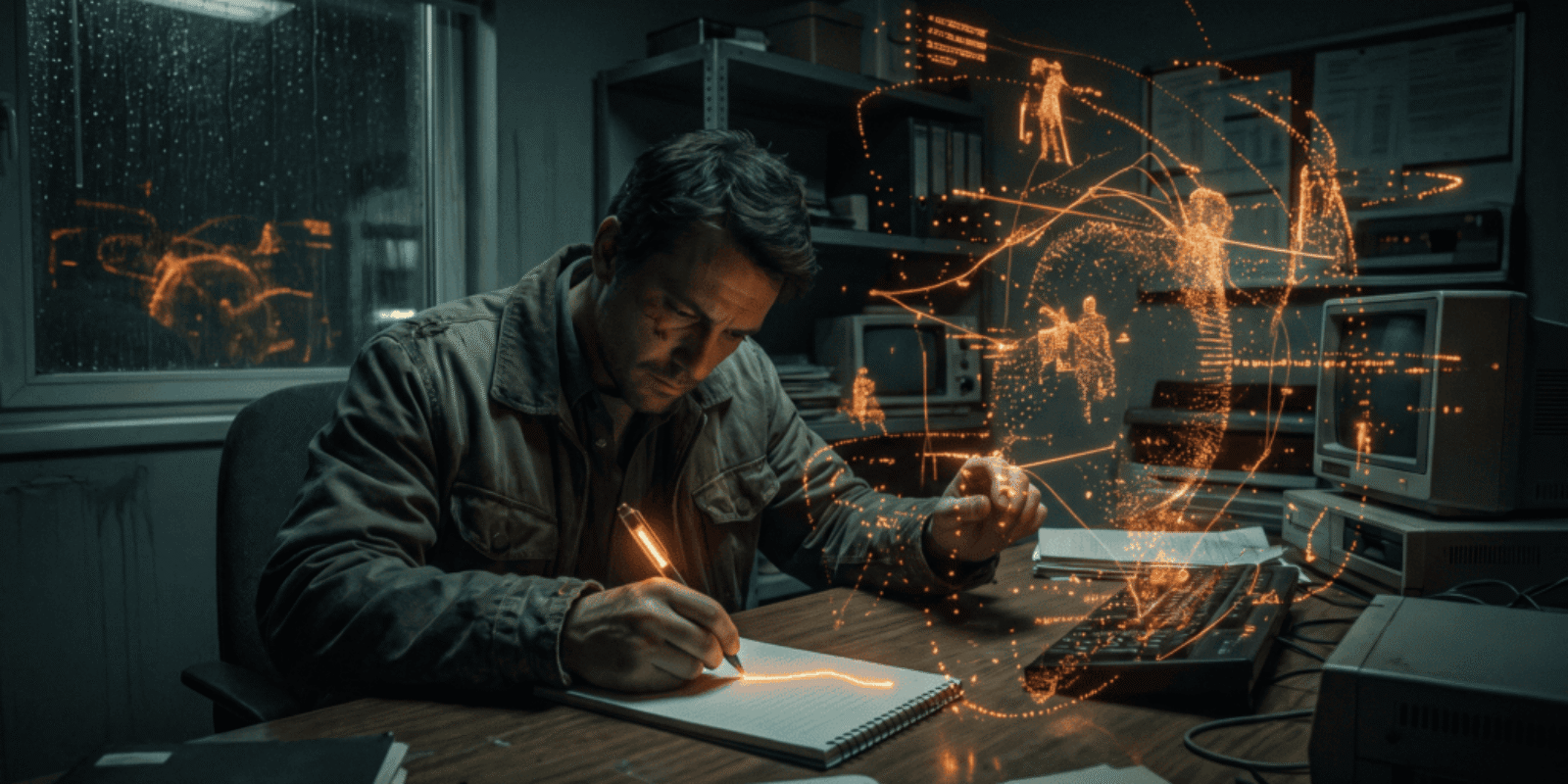 Man working on futuristic holographic interface in a dark tech lab.