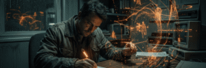 Man working on futuristic holographic interface in a dark tech lab.