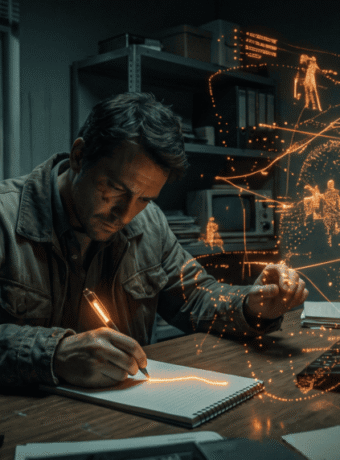 Man working on futuristic holographic interface in a dark tech lab.