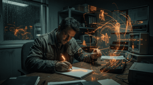 Man working on futuristic holographic interface in a dark tech lab.