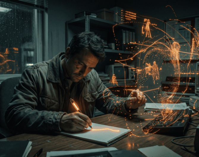 Man working on futuristic holographic interface in a dark tech lab.