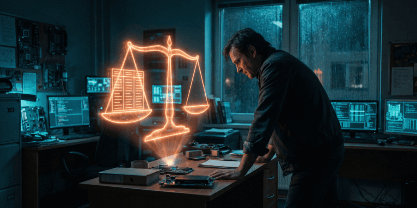 Man working on electronics in a high-tech lab with digital scales overlay.