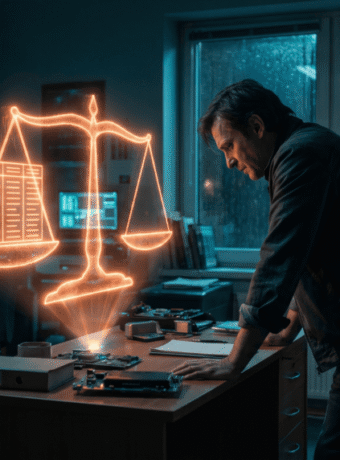 Man working on electronics in a high-tech lab with digital scales overlay.