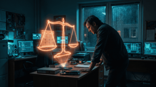 Man working on electronics in a high-tech lab with digital scales overlay.