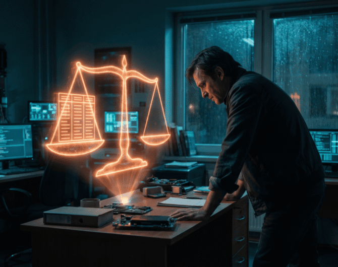 Man working on electronics in a high-tech lab with digital scales overlay.