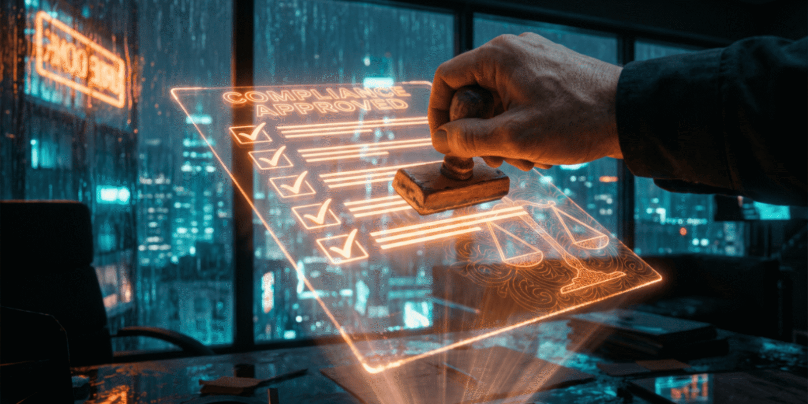 Hand stamping a digital compliance checklist on a holographic screen.