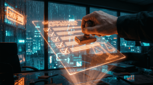 Hand stamping a digital compliance checklist on a holographic screen.