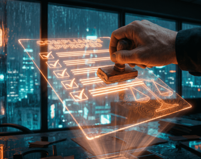 Hand stamping a digital compliance checklist on a holographic screen.