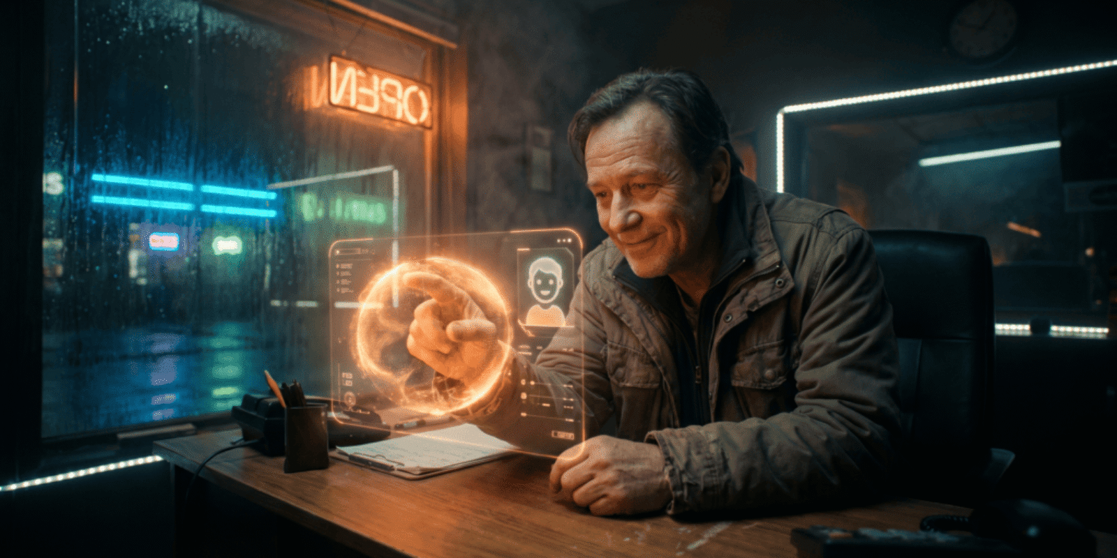 Man interacting with holographic globe in a high-tech environment.