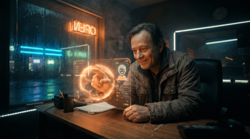 Man interacting with holographic globe in a high-tech environment.