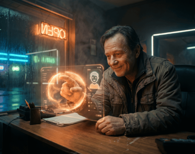 Man interacting with holographic globe in a high-tech environment.