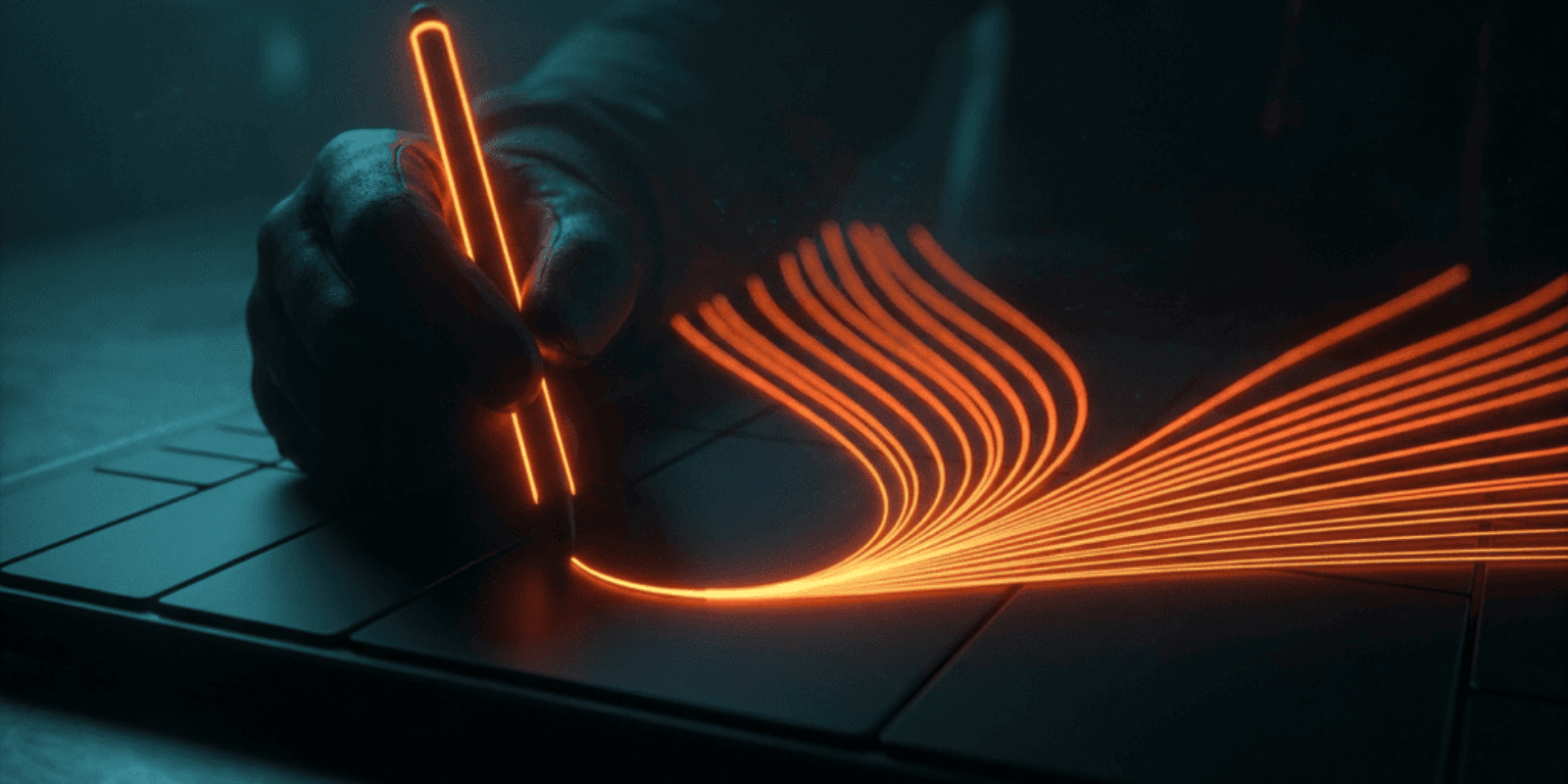 Futuristic digital pen creating glowing orange lines on a tablet.