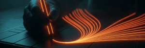 Futuristic digital pen creating glowing orange lines on a tablet.