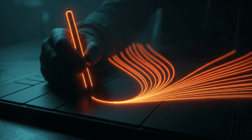 Futuristic digital pen creating glowing orange lines on a tablet.
