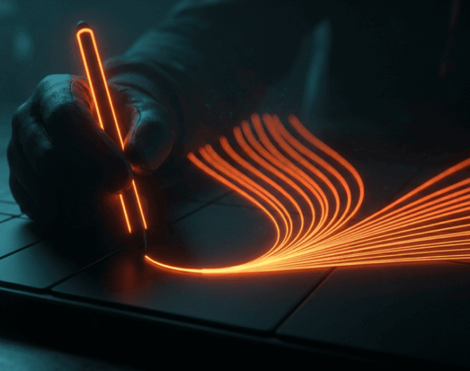 Futuristic digital pen creating glowing orange lines on a tablet.