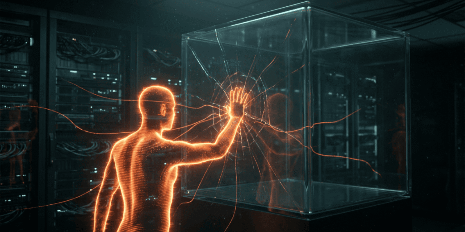 Futuristic digital human interacting with a transparent cube in a high-tech environment.