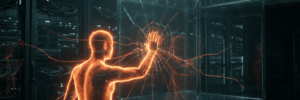 Futuristic digital human interacting with a transparent cube in a high-tech environment.