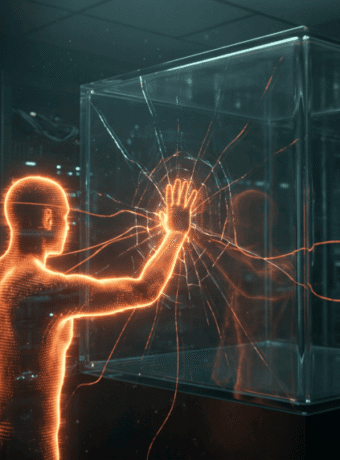 Futuristic digital human interacting with a transparent cube in a high-tech environment.