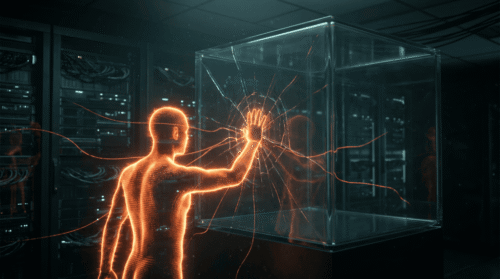 Futuristic digital human interacting with a transparent cube in a high-tech environment.