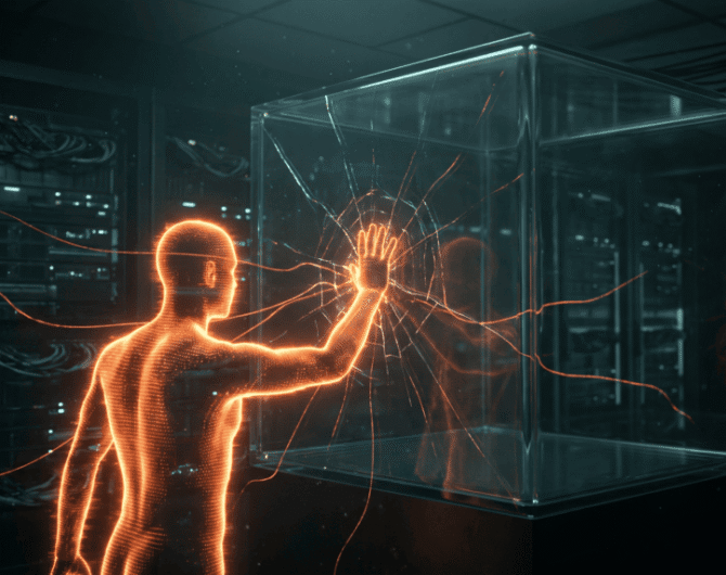 Futuristic digital human interacting with a transparent cube in a high-tech environment.