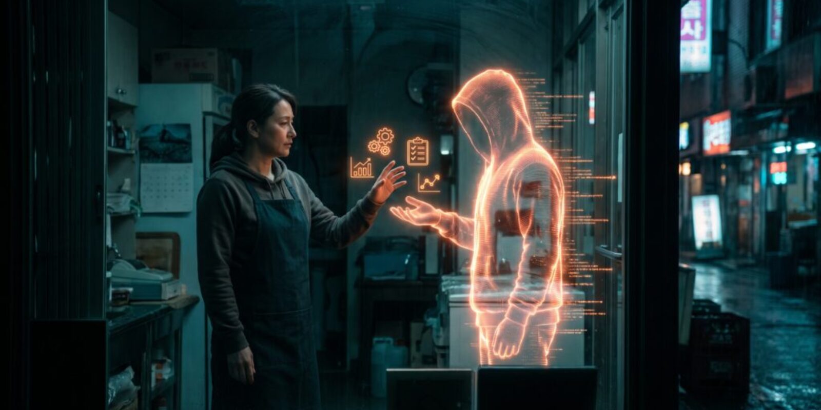 Woman interacts with holographic AI figure in a modern city at night.