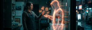 Woman interacts with holographic AI figure in a modern city at night.