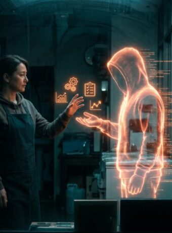 Woman interacts with holographic AI figure in a modern city at night.