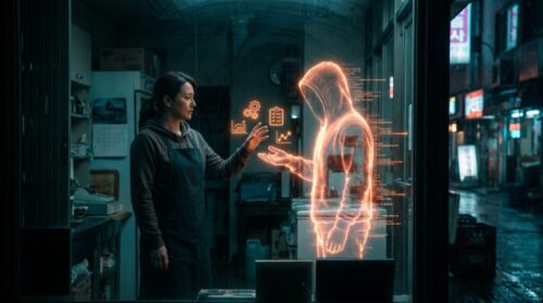 Woman interacts with holographic AI figure in a modern city at night.